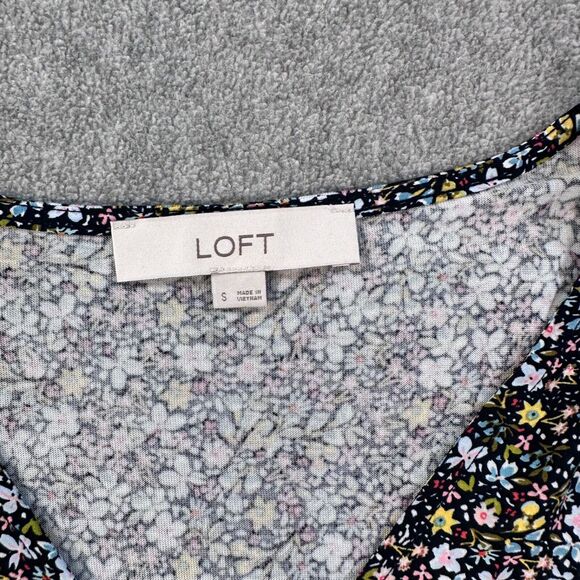 LOFT V-Neck Bell Sleeve Floral Blouse Women's Small Navy Blue Yellow Top - Picture 2 of 7